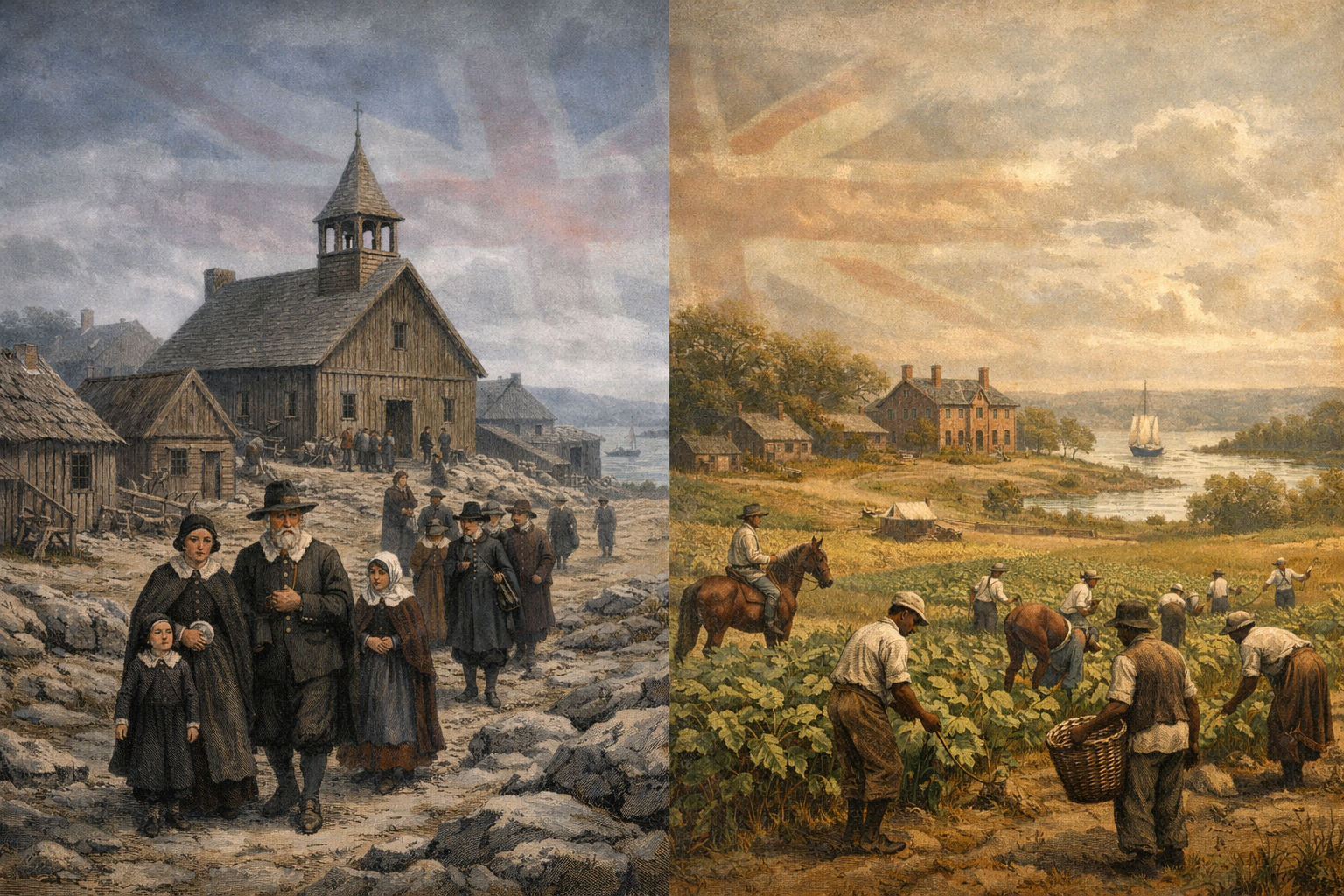 A split-screen historical illustration. On the left, a cold, rocky New England coastal town with a prominent meetinghouse and somber-dressed Puritans walking together. On the right, a humid, sprawling Virginia tidewater tobacco plantation with a grand manor house and enslaved laborers working the fields. A faint, unifying overlay of a British flag connects the two otherwise isolated scenes.