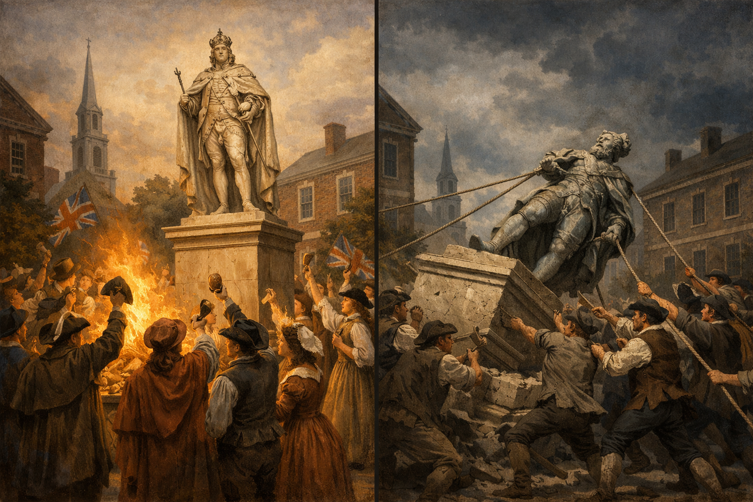 Historical illustration of colonists tearing down King George III statue