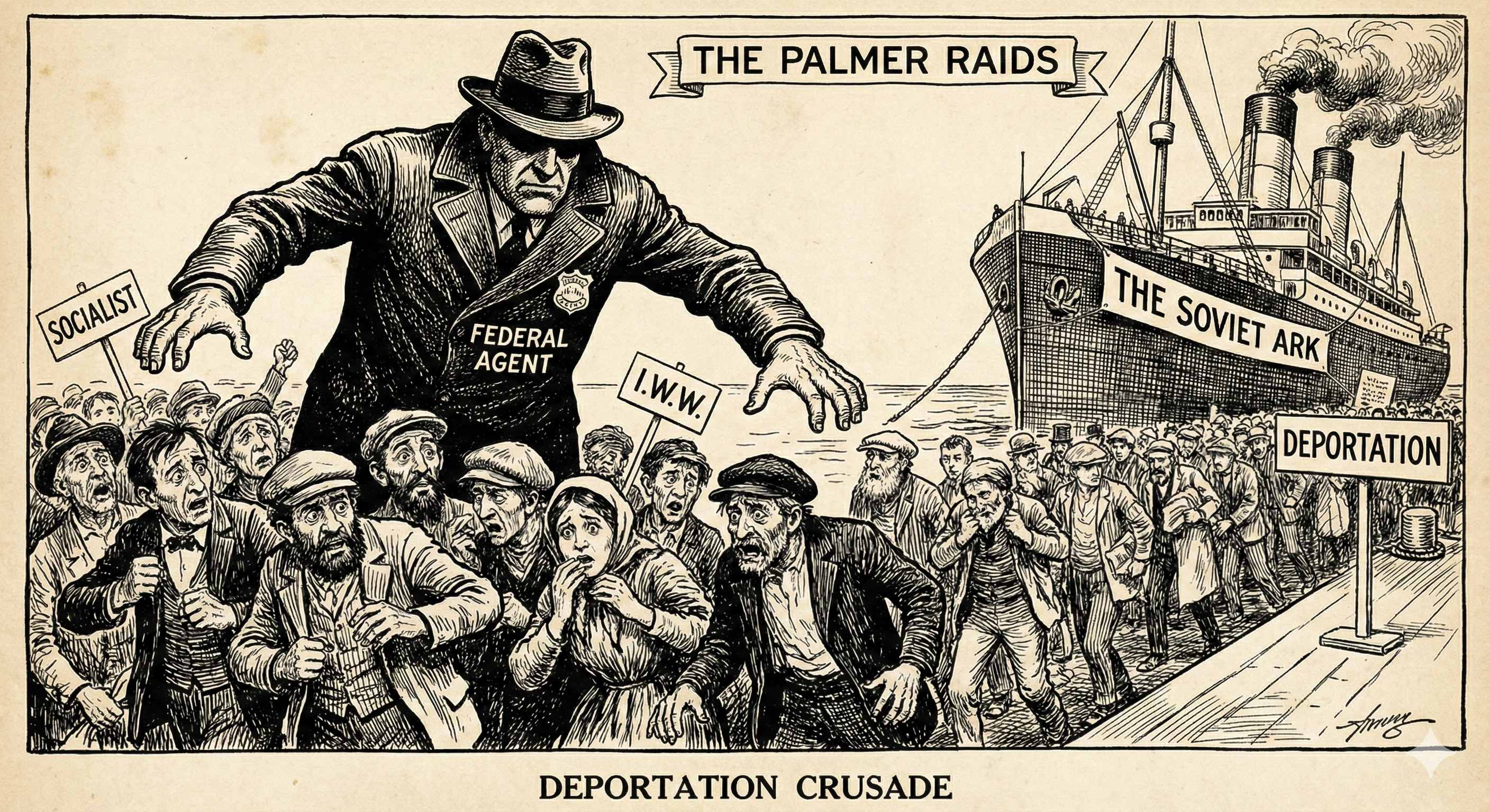 Political cartoon of federal law enforcement rounding up immigrants