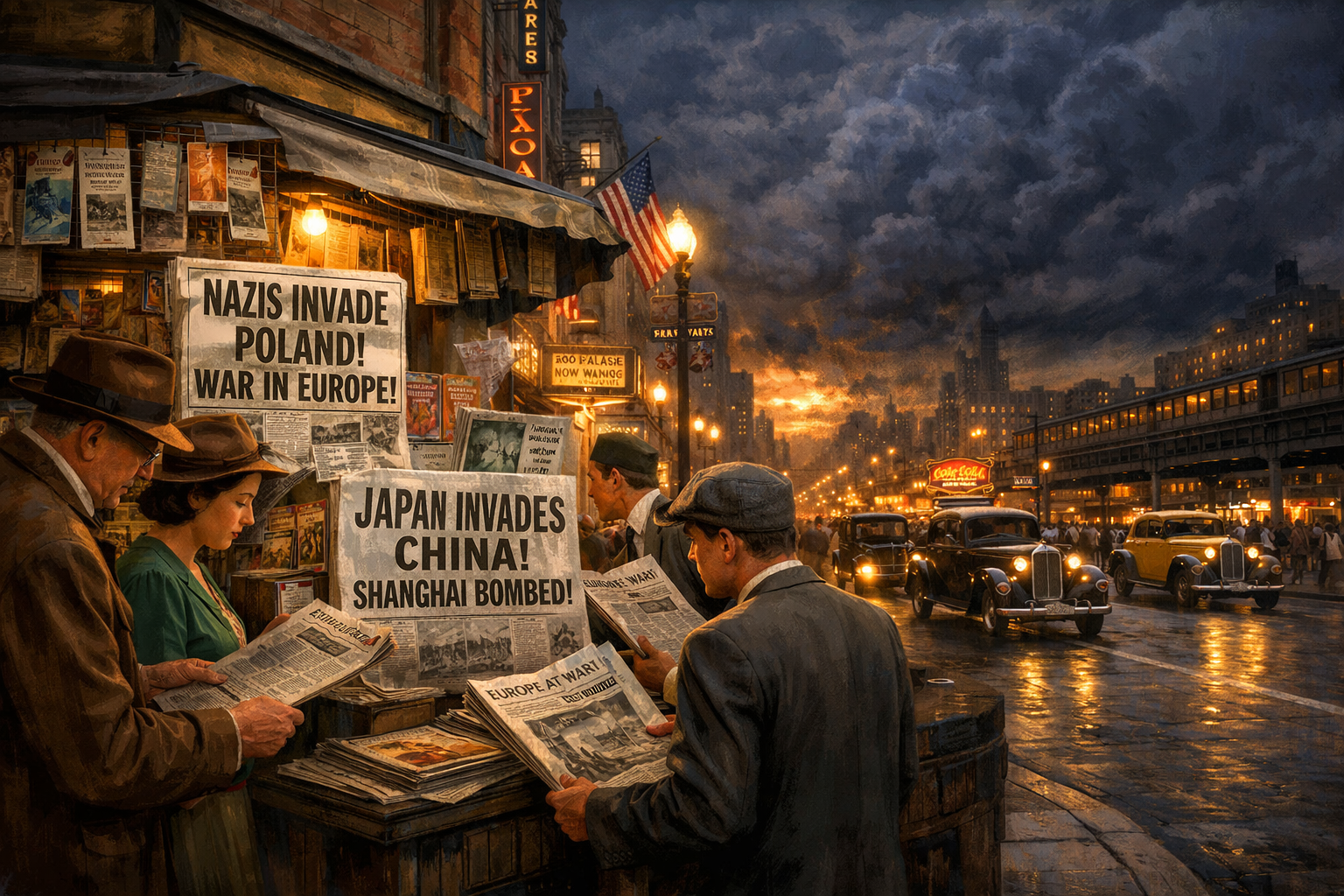 A highly detailed historical illustration showing a bustling 1930s American city street in a 16:9 landscape orientation. In the foreground, citizens in period-accurate clothing are gathered around a corner newsstand. The newspapers feature bold, alarming headlines about military invasions in Europe and Asia. The lighting contrasts the warm, peaceful glow of the American street with dark, stormy clouds gathering in the deep background sky, symbolizing the encroaching global conflict challenging the nation's strict isolationist mentality.