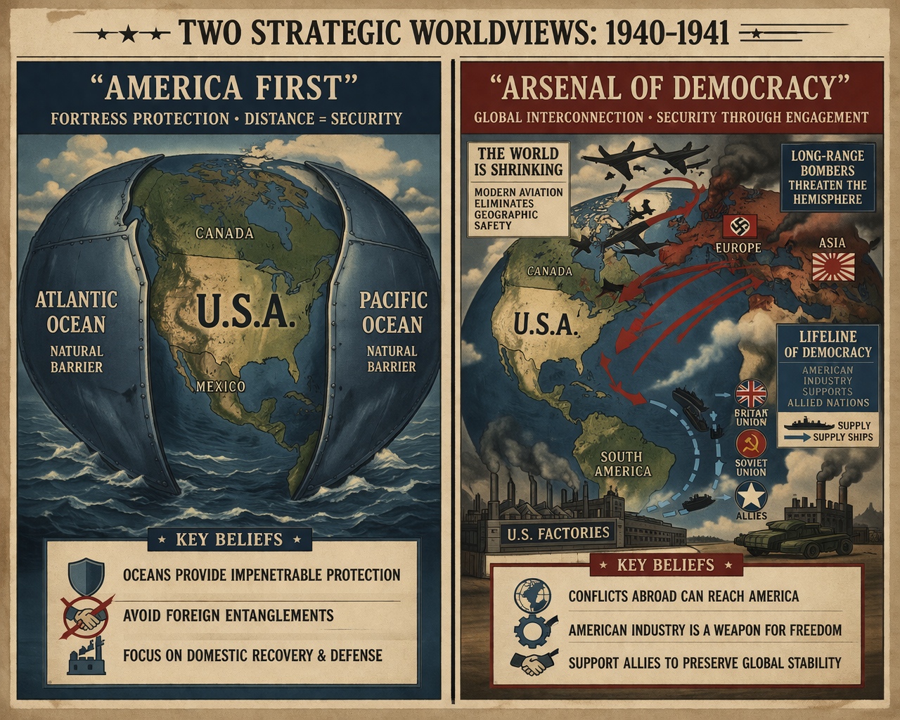 A side-by-side comparative diagram illustrating two opposing strategic worldviews from 1940-1941. On the left, representing the "America First" perspective, the Atlantic and Pacific Oceans are shown as massive, impassable shields protecting North America from foreign conflict. On the right, representing the "Arsenal of Democracy" perspective, the globe is depicted as shrinking, with red arrows showing the long-range reach of modern aviation threatening the Western Hemisphere, while a lifeline of supply ships flows from American factories to allied nations.