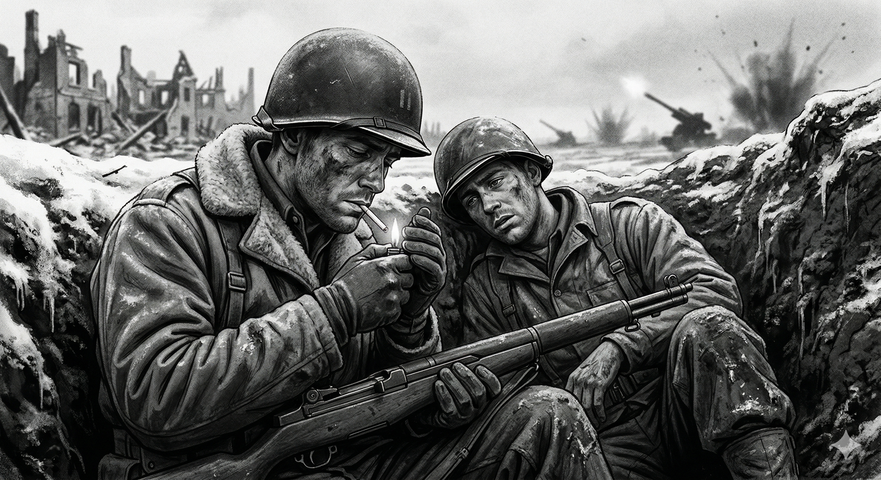 Illustration of American G.I.s in a winter foxhole