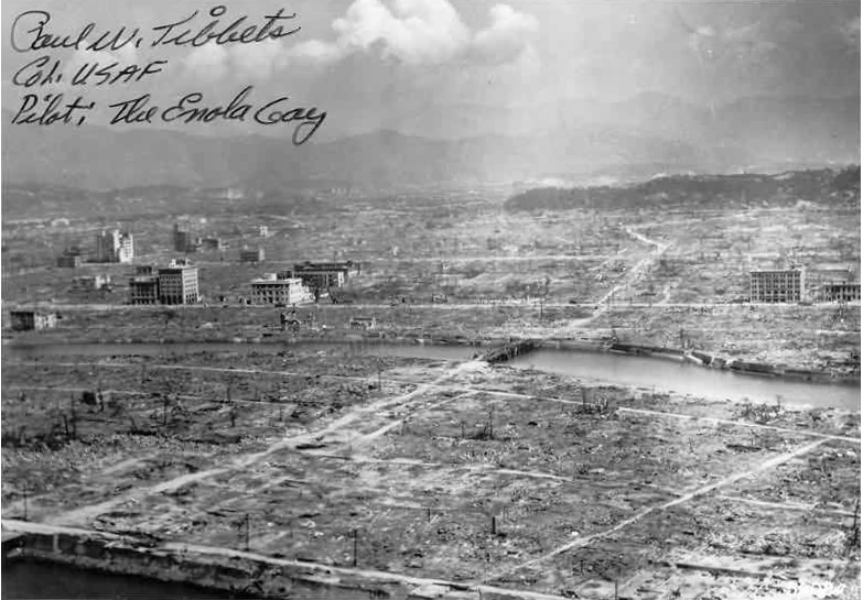 A view of the structural devastation and rubble left in the immediate aftermath of the atomic bombing of Hiroshima.