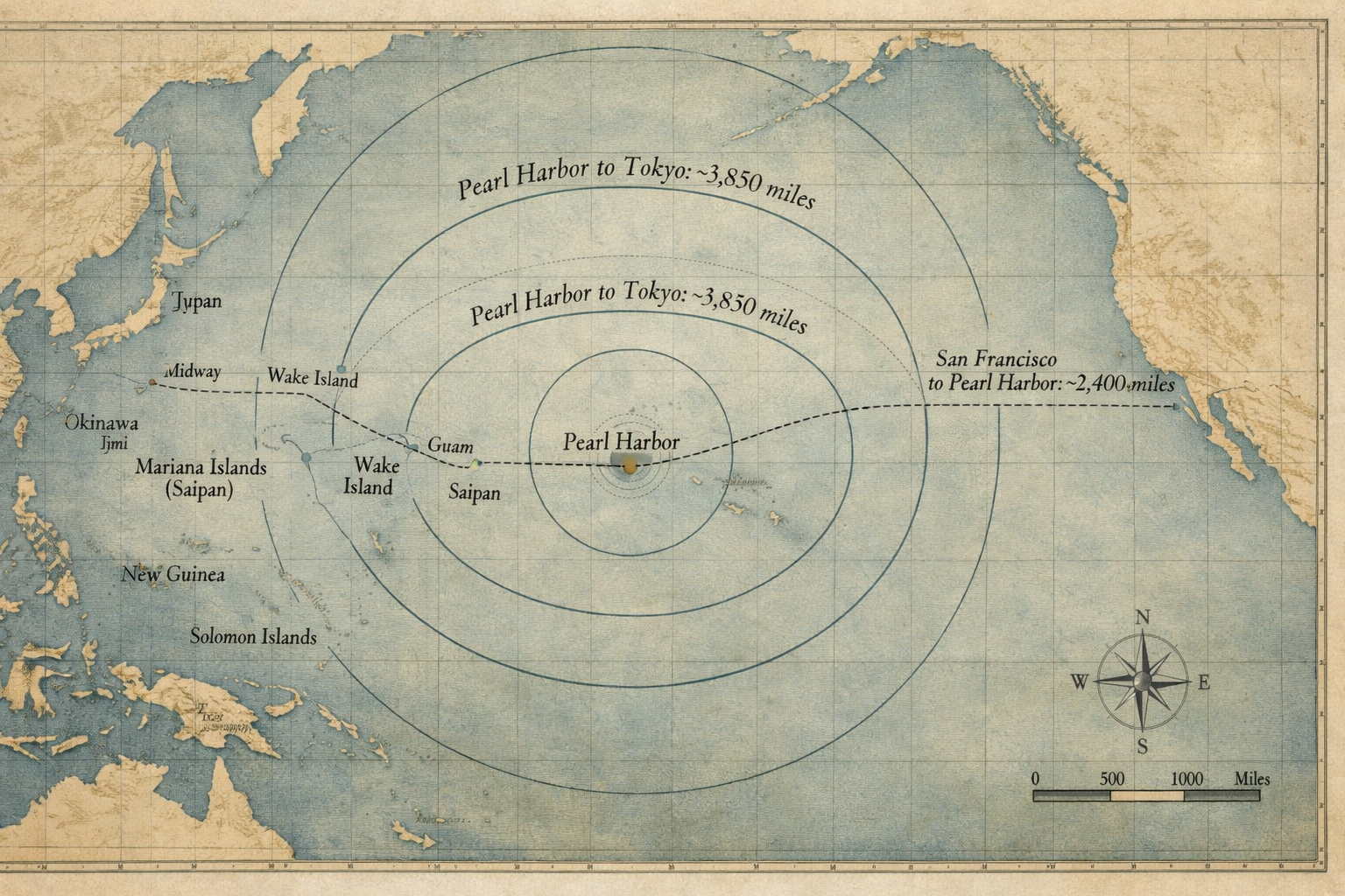 A vast, academic-style map of the Pacific Ocean highlighting the sheer distance between the US mainland and Japan/Southeast Asia.