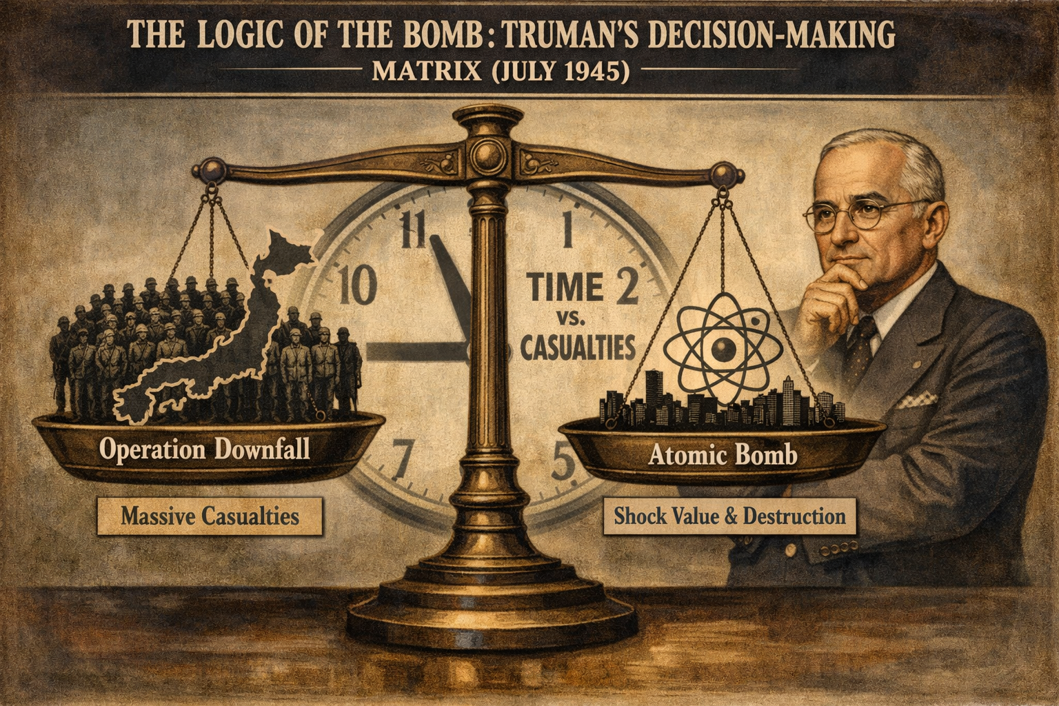 A conceptual diagram illustrating President Truman's decision-making matrix. A large central balance scale is shown. One side holds the projected massive casualties of Operation Downfall. The other side holds the Shock Value and devastation of the atomic bomb.