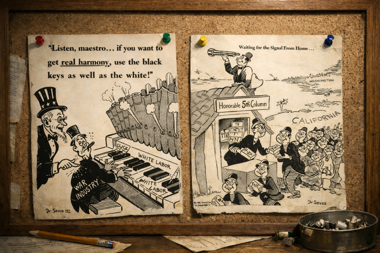 Two contrasting 1940s editorial cartoons by Dr. Seuss