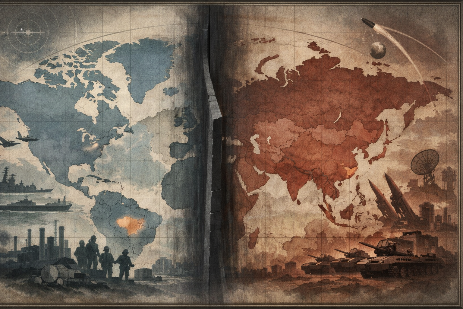 A high-quality, realistic historical composition juxtaposing two core elements of the era's escalation. On the left side of the frame, a realistic black-and-white style depiction shows American infantrymen in heavy winter gear advancing cautiously through a rugged, snowy Korean landscape. This scene transitions on the right side into a stark, brightly colored depiction of a massive, glowing thermonuclear mushroom cloud rising over an ocean horizon. In the upper sky above the cloud, a faint, silvery silhouette of the Sputnik satellite orbits against the dark atmosphere.