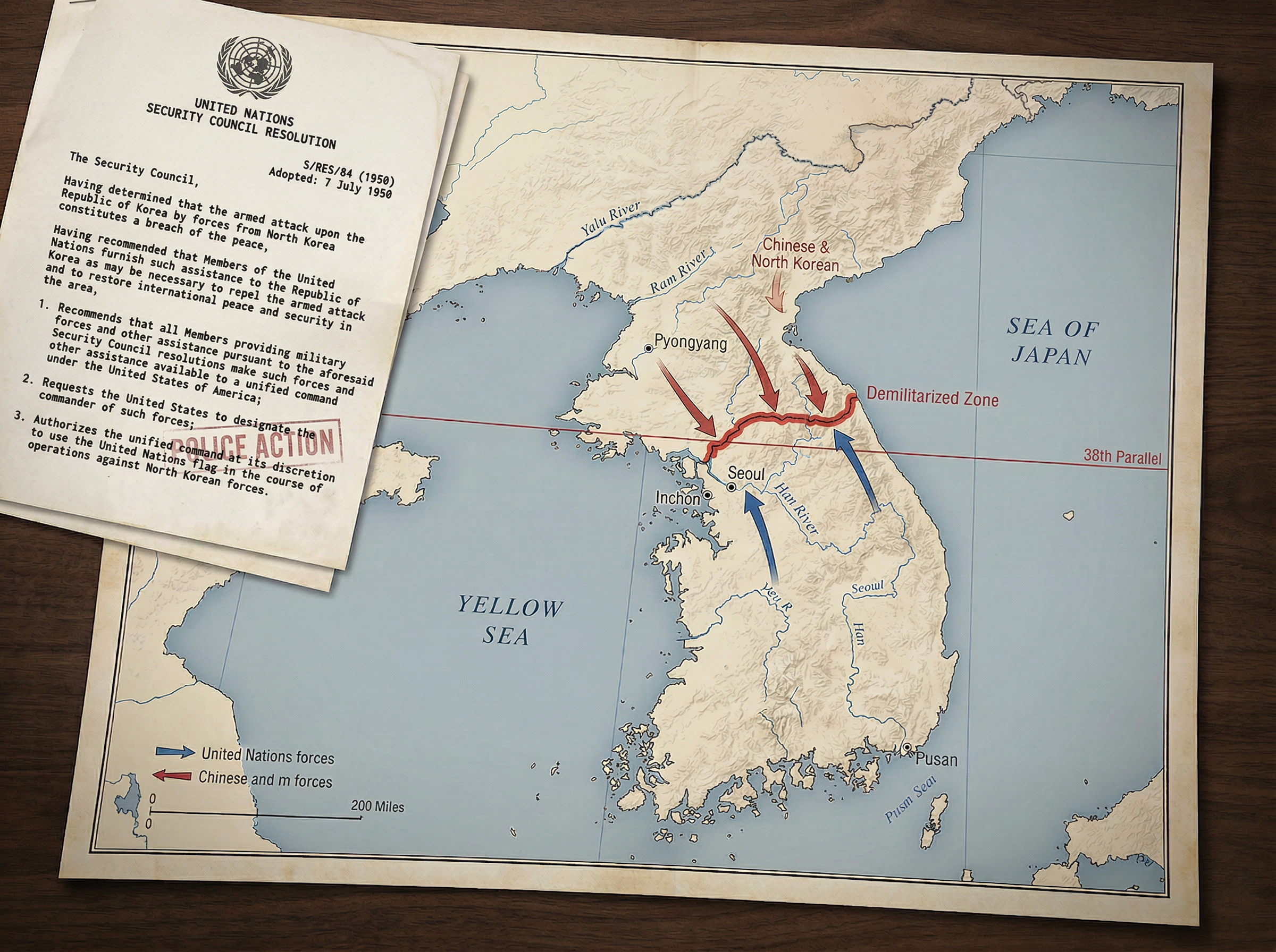 A detailed, realistic historical map of the Korean Peninsula circa 1953, stylized to resemble a mid-century military briefing document laid on a wooden desk. The map clearly delineates the 38th Parallel with a stark, jagged red line marking the Demilitarized Zone (DMZ). Blue arrows indicate United Nations forces positioned to the south, while red arrows indicate Chinese and North Korean forces to the north. Partially overlaid in the top left corner is a realistic depiction of a typewritten United Nations Security Council resolution document, subtly stamped with the words 'POLICE ACTION' in faded ink.